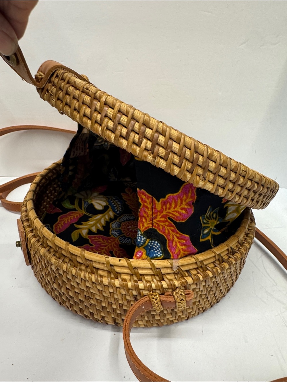 Woven Round Straw Crossbody Bag in Tan - Picture 8 of 9